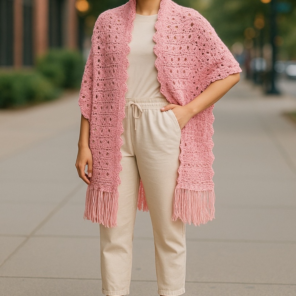 Pink crochet scarf floral design with tassels